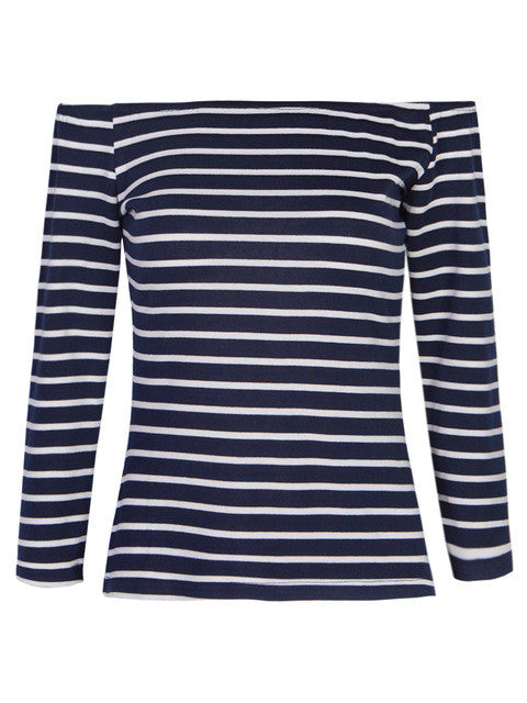 Blue & White Off The Shoulder Tops For Women Striped T Shirt Stretch Slim Fitted Top Woman Tee 2017 Three Quarter Sleeve