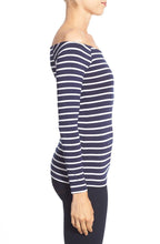Blue & White Off The Shoulder Tops For Women Striped T Shirt Stretch Slim Fitted Top Woman Tee 2017 Three Quarter Sleeve
