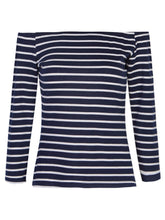 Blue & White Off The Shoulder Tops For Women Striped T Shirt Stretch Slim Fitted Top Woman Tee 2017 Three Quarter Sleeve