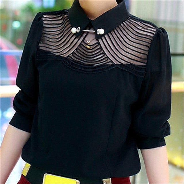 Blusas femininas Casual Women Hollow Out Blouses Long Sleeve Tops Autumn OL Turn-down Lace Print Shirts with Pearl Button 71766