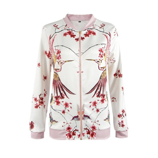 Bomber Jacket Women 2016 Retro Printing Cranes Floral Long Sleeve Basic Bombers Coats Autumn Baseball Jacket Abrigos De Mujer#C9