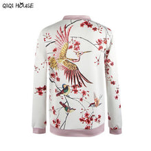 Bomber Jacket Women 2016 Retro Printing Cranes Floral Long Sleeve Basic Bombers Coats Autumn Baseball Jacket Abrigos De Mujer#C9