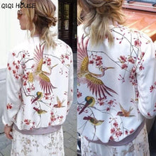 Bomber Jacket Women 2016 Retro Printing Cranes Floral Long Sleeve Basic Bombers Coats Autumn Baseball Jacket Abrigos De Mujer#C9