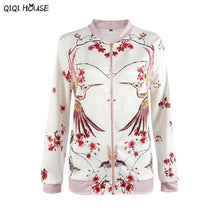 Bomber Jacket Women 2016 Retro Printing Cranes Floral Long Sleeve Basic Bombers Coats Autumn Baseball Jacket Abrigos De Mujer#C9