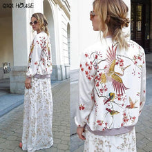 Bomber Jacket Women 2016 Retro Printing Cranes Floral Long Sleeve Basic Bombers Coats Autumn Baseball Jacket Abrigos De Mujer#C9