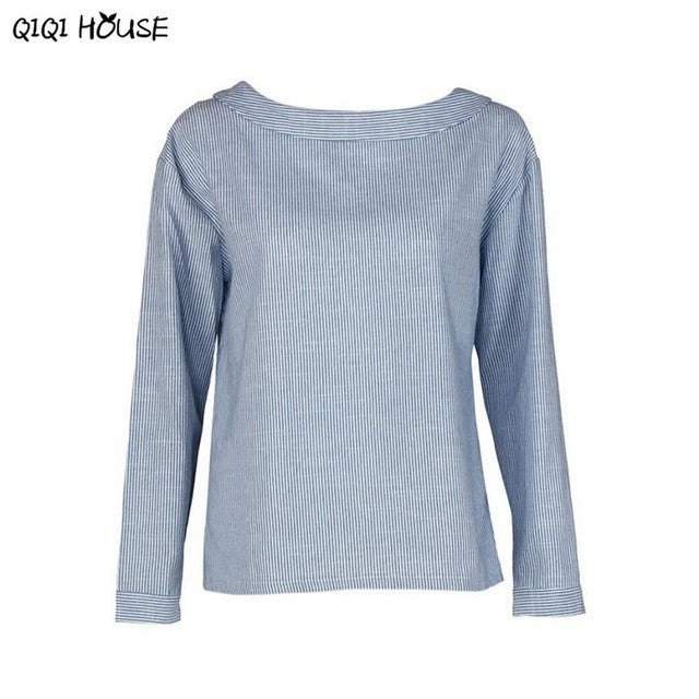 Both Sides Wear Tops Blue Striped Blouse Youth Girls Long Sleeve Clothes Women Blusas Feminina#B908