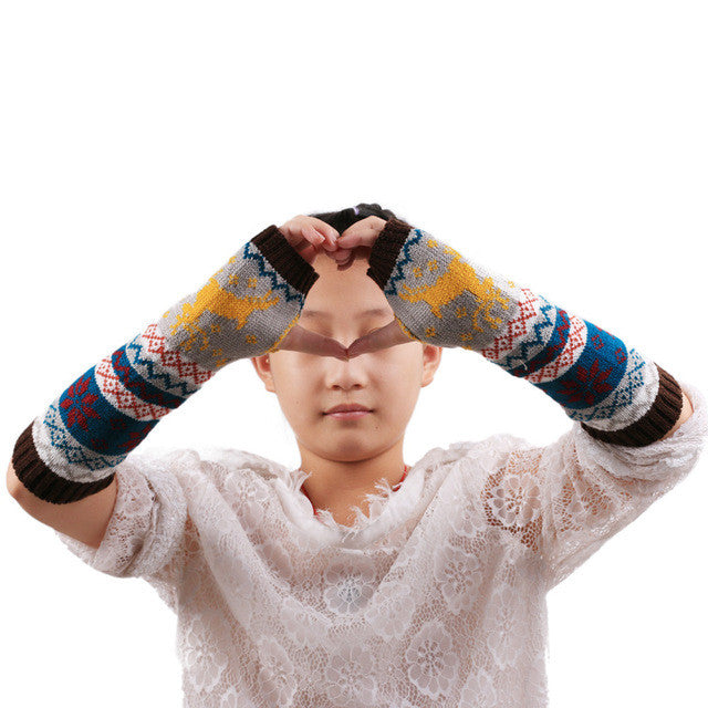 Christmas Elk Knitted Women Gloves Warm Arm Knitted Fingerless Winter Gloves Luvas Feminina#A11