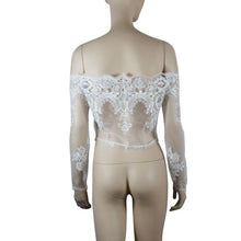 Cropped Women Blouses Lace Floral Transparent Long Sleeve Bodycon Blouse Off Shoulder Tops Ropa Mujer#212