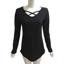 Cross Hollow Out T Shirt Women Solid Long Sleeve Casual Shirt Slim Cotton Autumn Tops Poleras De Mujer#B12