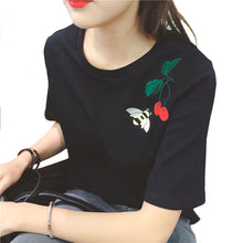 Cute Bee Cherry Embroider Women T Shirt 2016 Summer Loose O-neck Short Sleeve Women Comfortable Tops Tees 71187