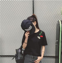 Cute Bee Cherry Embroider Women T Shirt 2016 Summer Loose O-neck Short Sleeve Women Comfortable Tops Tees 71187
