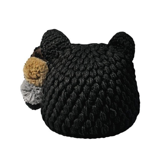 Cute Cats Ear Shaped Beanie Women Solid Knitted Ladies Winter Warm Hats Mixed Hair Ball Winter Cap Gorros E Toucas Feminina#C103