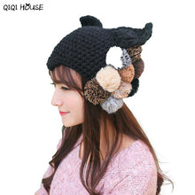 Cute Cats Ear Shaped Beanie Women Solid Knitted Ladies Winter Warm Hats Mixed Hair Ball Winter Cap Gorros E Toucas Feminina#C103