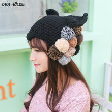 Cute Cats Ear Shaped Beanie Women Solid Knitted Ladies Winter Warm Hats Mixed Hair Ball Winter Cap Gorros E Toucas Feminina#C103