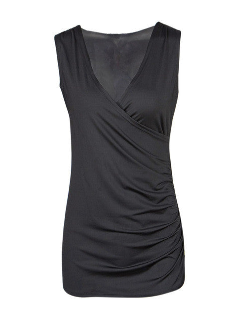 Deep V Neck Wrap Sleeveless Tank Long Shirt Casual Fashion Elegant Office Womens Blouses For Spring 2017 New Summer Ladies