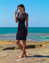 Elegant Dress Hollow Out Grid Simple Round Neck Sleeveless Black Dress Cotton Blend Roupas Feminina#3546