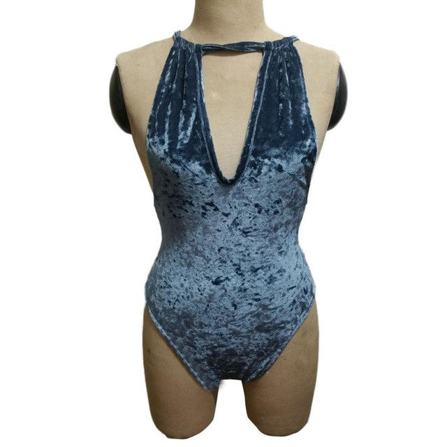 Elegant Velvet Sleeveless Romper Sexy Backless Women Bodysuit Halter Sexy One Piece Outfits Jumpsuits & Rompers#121