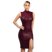 Elegant Women Dress 2017 New Arrival PU Leather Lace patchwork Red/Black sleeveless split sexy party bodycon dresses Ladies #23