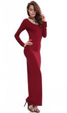 Elegant Women Dress Red Black Blue Polyester Soft Stretch Long Maxi Dress Bodycon Dresses With Long Sleeves Plain House Dress