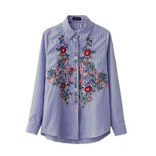 Embroidery Floral Blouses Blue Striped Long Sleeve Fashion Women Blouse Turn-down Collar Blouse Blusas Mujer#1121