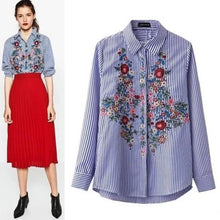 Embroidery Floral Blouses Blue Striped Long Sleeve Fashion Women Blouse Turn-down Collar Blouse Blusas Mujer#1121
