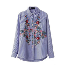 Embroidery Floral Blouses Blue Striped Long Sleeve Fashion Women Blouse Turn-down Collar Blouse Blusas Mujer#1121