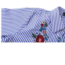 Embroidery Floral Blouses Blue Striped Long Sleeve Fashion Women Blouse Turn-down Collar Blouse Blusas Mujer#1121