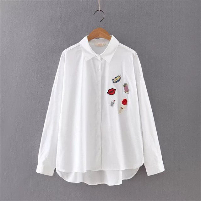 Embroidery Plus Size Shirt Casual Long Sleeve Blouses Striped Blusas Fashion Turn-down Collar Femininas Tops 71772