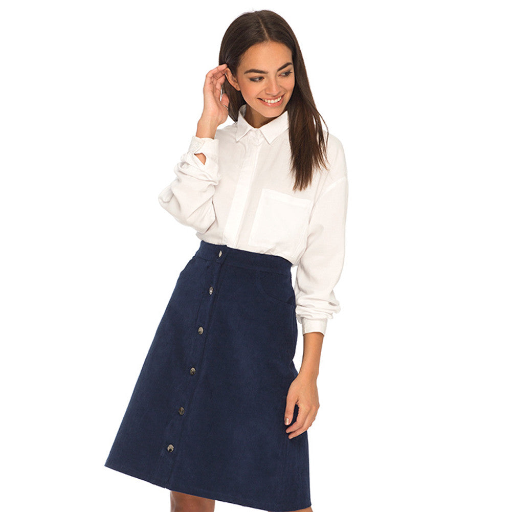 Fall High Waist Skirt Blue Skirt Orange Fall Flared Skirt Knee Length Mori Japanese Skirts Womens 2015 Runway Button Faldas