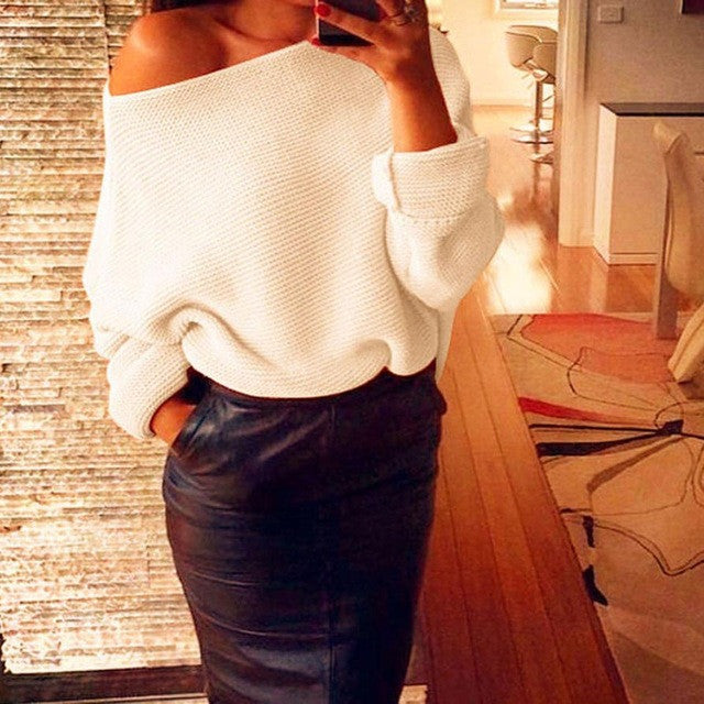 Fashion Off Shoulder Women Sweaters 2016 Winter Batwing Sleeve Loose Oversize Knitted Pullovers Women pull femme Jumpers Tops