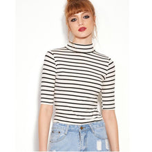 Fashion Women Black And White Striped Half Sleeve Autumn Winter Basic T-shirt Turtlneck Slim Women Tops 2016