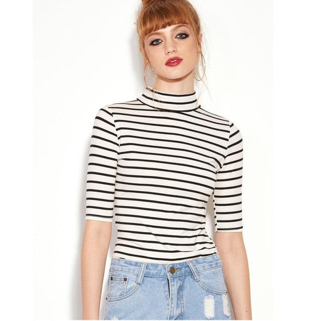 Fashion Women Black And White Striped Half Sleeve Autumn Winter Basic T-shirt Turtlneck Slim Women Tops 2016