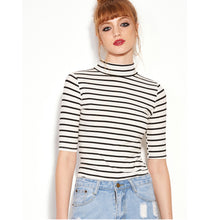 Fashion Women Black And White Striped Half Sleeve Autumn Winter Basic T-shirt Turtlneck Slim Women Tops 2016