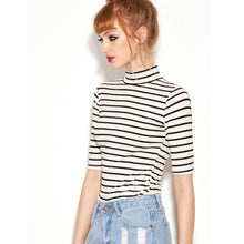 Fashion Women Black And White Striped Half Sleeve Autumn Winter Basic T-shirt Turtlneck Slim Women Tops 2016