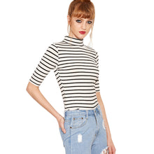 Fashion Women Black And White Striped Half Sleeve Autumn Winter Basic T-shirt Turtlneck Slim Women Tops 2016