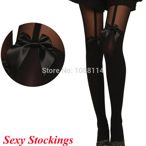 2015 Hot Sale Vintage Women Tights Tattoo Pantyhose Women Bow Suspender Sexy Stockings Plus Size Over Knee Socks #