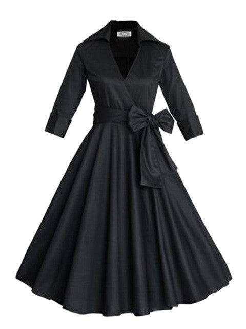 Front Big Bow Bowknot V Neck Women Noble Dress Summer Elegant Pleated Black Dress With Belt Swing Rockabilly Half Sleeve