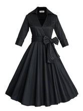 Front Big Bow Bowknot V Neck Women Noble Dress Summer Elegant Pleated Black Dress With Belt Swing Rockabilly Half Sleeve