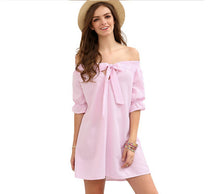 Front Bowknot Off Shoulder Loose Short Mini Vertical Striped Dress Summer Girl 2016 Casual Sun Dress Pink
