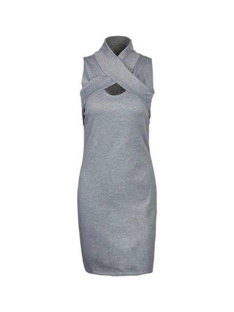 Front Hollow Wrap Turtle Neck Knit Grey Dress Bodycon Bandage New Arrivals 2017 Ladies Dresses Women High Quality