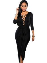 Front Lace Up Deep V Neck High Split Maxi Dresses Ruched Solid Color Blue Black Women Dress Summer Clothing 2016 Ladies