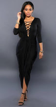 Front Lace Up Deep V Neck High Split Maxi Dresses Ruched Solid Color Blue Black Women Dress Summer Clothing 2016 Ladies