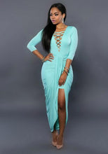 Front Lace Up Deep V Neck High Split Maxi Dresses Ruched Solid Color Blue Black Women Dress Summer Clothing 2016 Ladies
