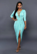 Front Lace Up Deep V Neck High Split Maxi Dresses Ruched Solid Color Blue Black Women Dress Summer Clothing 2016 Ladies