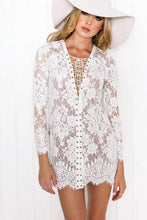 Front Lace Up See Through Sexy Sheer Embroidery Mini Micro Flower Pattern Floral Elegant Dress Loose European Style Crochet 2016