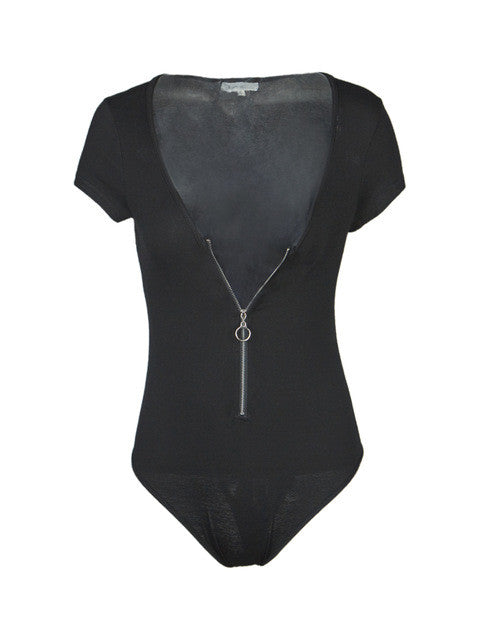 Front Zipper Deep V Neck Sexy Plunge Women Short Sleeve Bodysuit Summer Casual Black Party 2016 One Piece Jumpsuit Romper