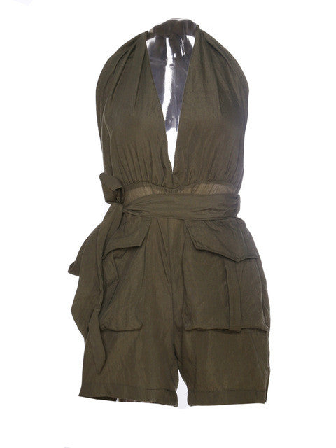 Halter Deep V Neck Bow Knot Pocket Short Ladies Cargo Romper Jumpsuit Backless Sexy Club Casual Summer Bodysuit Army Green