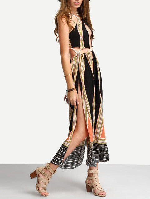 High Double Side Slit Front Hollow Sleeveless Spaghetti Strap Boho Sexy Beach Long Maxi Dress Clothing Print Women Bohemian