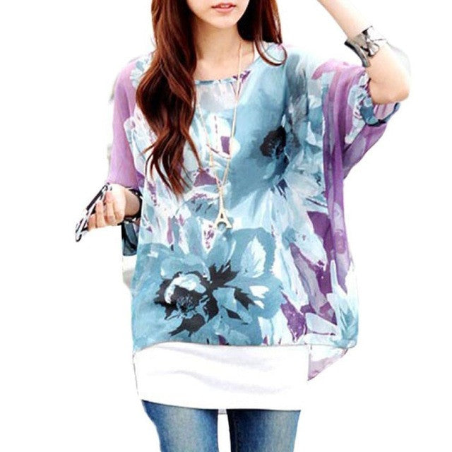Hot Sale Blouses Women 2017 Summer Style Flowers Prints Batwing Dolman Sleeve Chiffon Boho Loose Blouse Tops Women Shirts #82