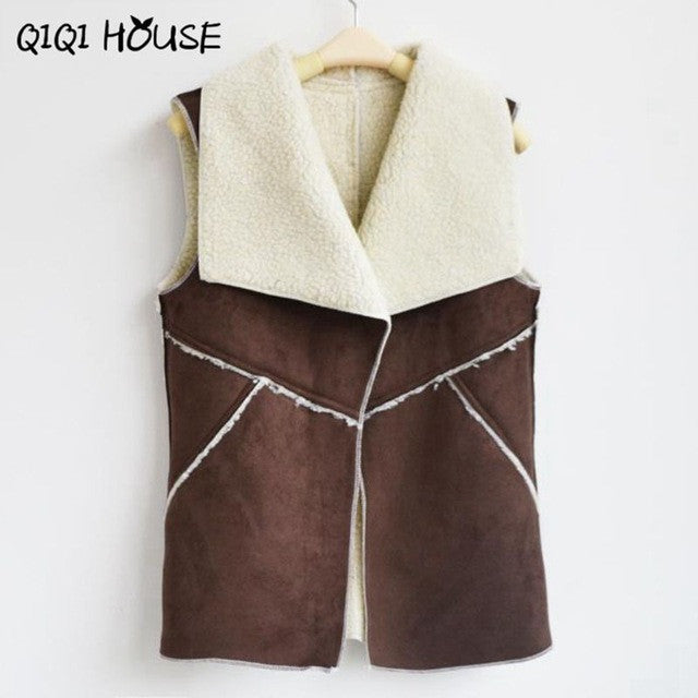Jaket Women Fashion Autumn Solid Sleeveless Ladies Jackets Chaqueta Chamois Fur Stitching Lamb Camperas De Mujer#D825